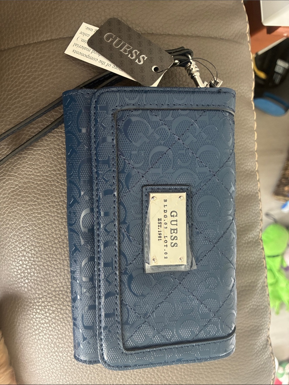 GUESS Blue Monogram Quilted Wristlet Trifold Wallet NWT